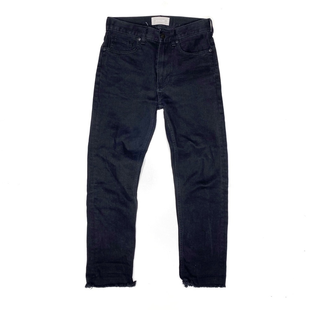 Everlane High Rise Straight Leg Jeans Black Raw Hem Size 24 Ankle Length